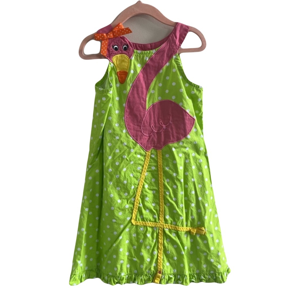 Rare Editions Vintage Children’s Appliqué Flamingo Dress Fun Polkadot Girly Neon